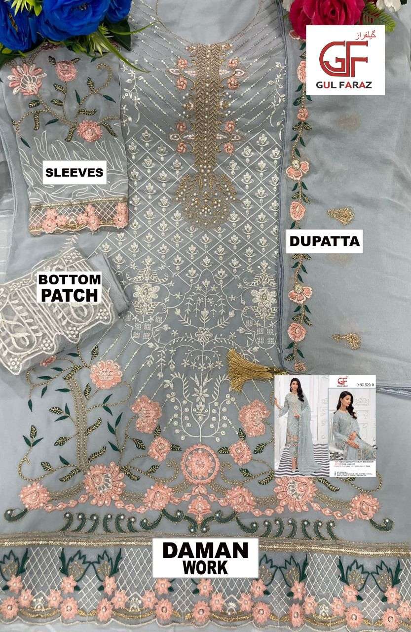 GUL FARAZ 520 COLOURS BY GUL FARAZ 520-A TO 520-D SERIES BEAUTIFUL PAKISTANI SUITS COLORFUL STYLISH FANCY CASUAL WEAR & ETHNIC WEAR FAUX GEORGETTE EMBROIDERED DRESSES AT WHOLESALE PRICE