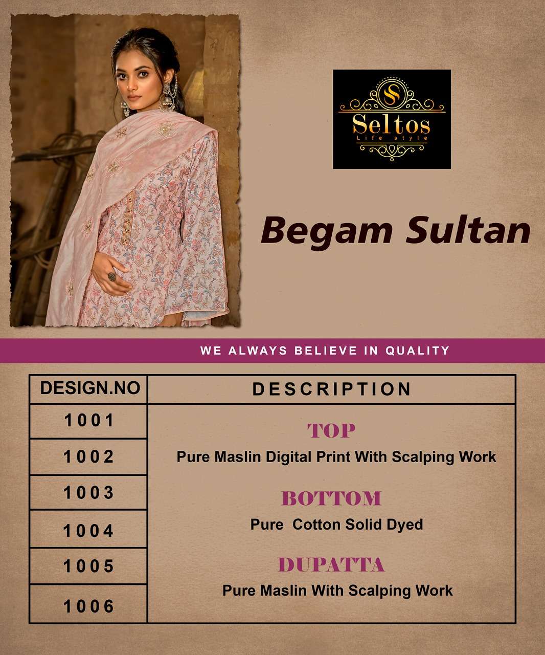 BEGAM SULTAN BY SELTOS 1001 TO 1006 SERIES BEAUTIFUL SUITS COLORFUL STYLISH FANCY CASUAL WEAR & ETHNIC WEAR PURE MUSLIN DIGITAL PRINT DRESSES AT WHOLESALE PRICE