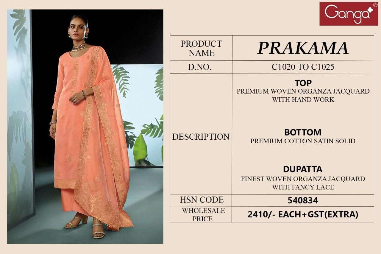 PRAKAMA BY GANGA FASHION 1020 TO 1025 SERIES BEAUTIFUL SUITS COLORFUL STYLISH FANCY CASUAL WEAR & ETHNIC WEAR ORGANZA JACQUARD DRESSES AT WHOLESALE PRICE