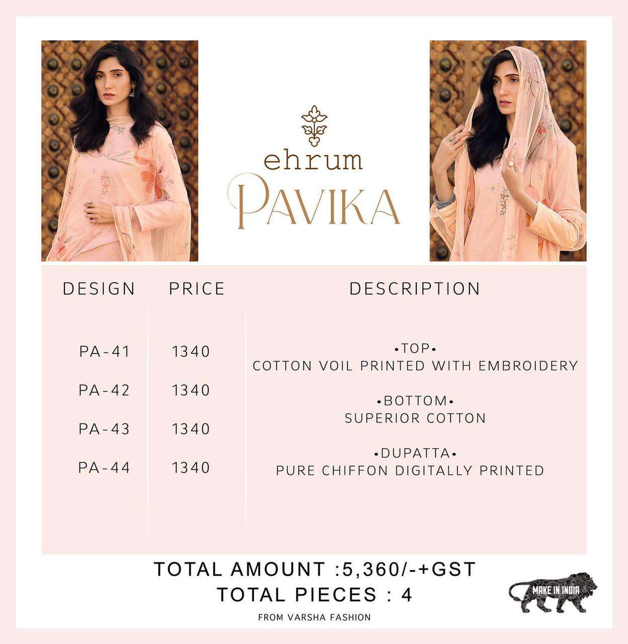 PAVIKA BY EHRUM 41 TO 44 SERIES BEAUTIFUL SUITS COLORFUL STYLISH FANCY CASUAL WEAR & ETHNIC WEAR COTTON PRINT DRESSES AT WHOLESALE PRICE