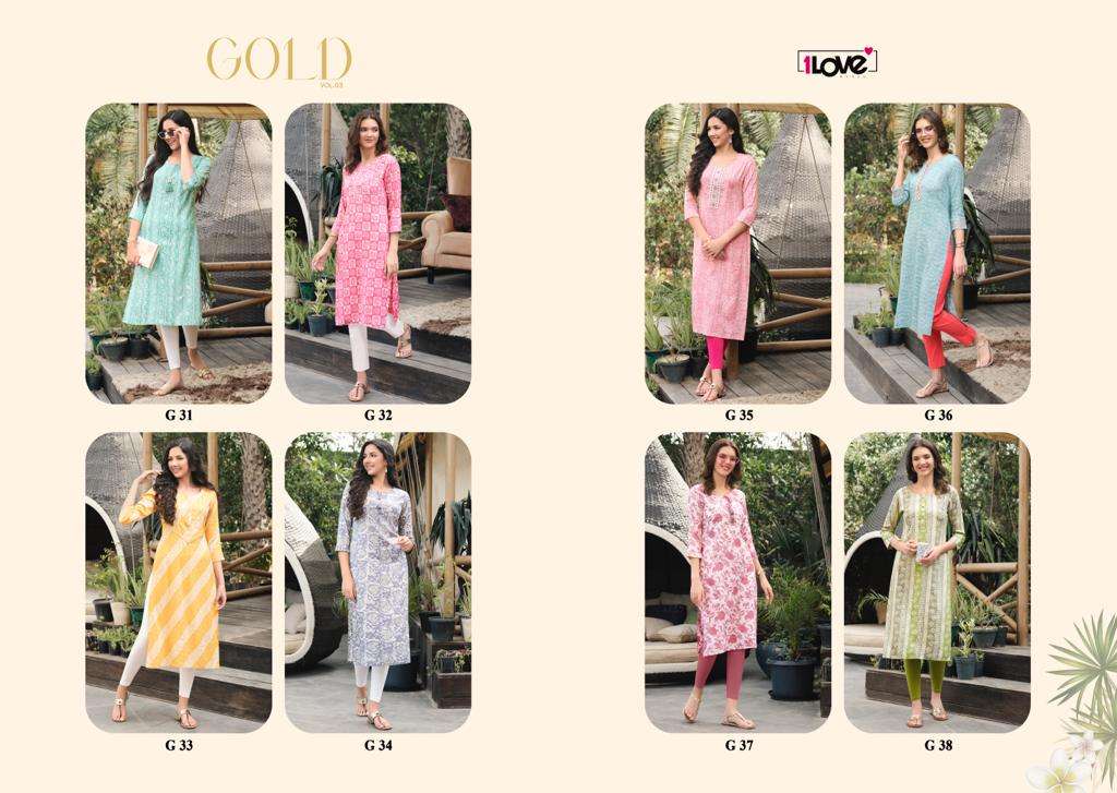 GOLD VOL-3 BY 1 LOVE 31 TO 38 SERIES DESIGNER STYLISH FANCY COLORFUL BEAUTIFUL PARTY WEAR & ETHNIC WEAR COLLECTION PREMIUM RAYON KURTIS AT WHOLESALE PRICE
