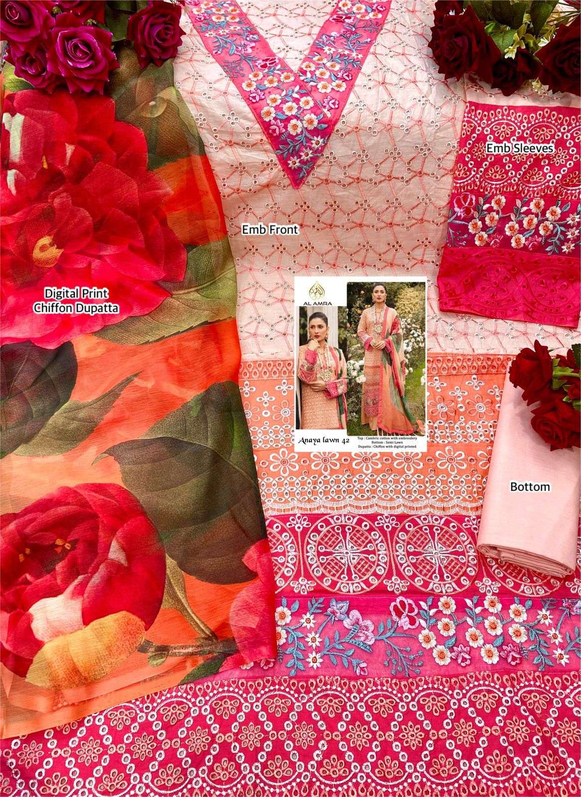 ANAYA LAWN 41 SERIES BY AL AMRA 41 TO 42 SERIES PAKISTANI SUITS BEAUTIFUL FANCY COLORFUL STYLISH PARTY WEAR & OCCASIONAL WEAR CAMBRIC COTTON PRINT WITH EMBROIDERY DRESSES AT WHOLESALE PRICE