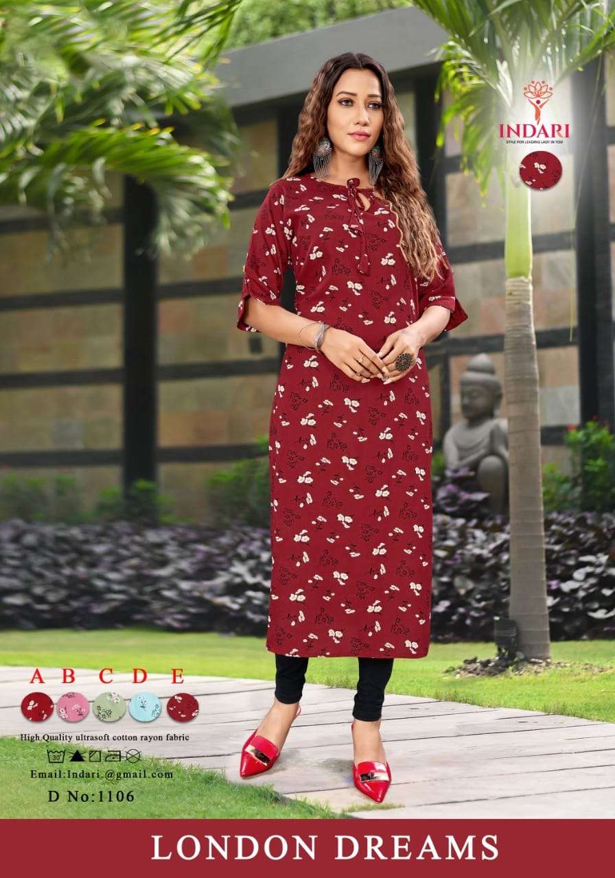 LONDON DREAMS VOL-2 BY INDARI 1101 TO 1111 SERIES DESIGNER STYLISH FANCY COLORFUL BEAUTIFUL PARTY WEAR & ETHNIC WEAR COLLECTION RAYON PRINT KURTIS AT WHOLESALE PRICE