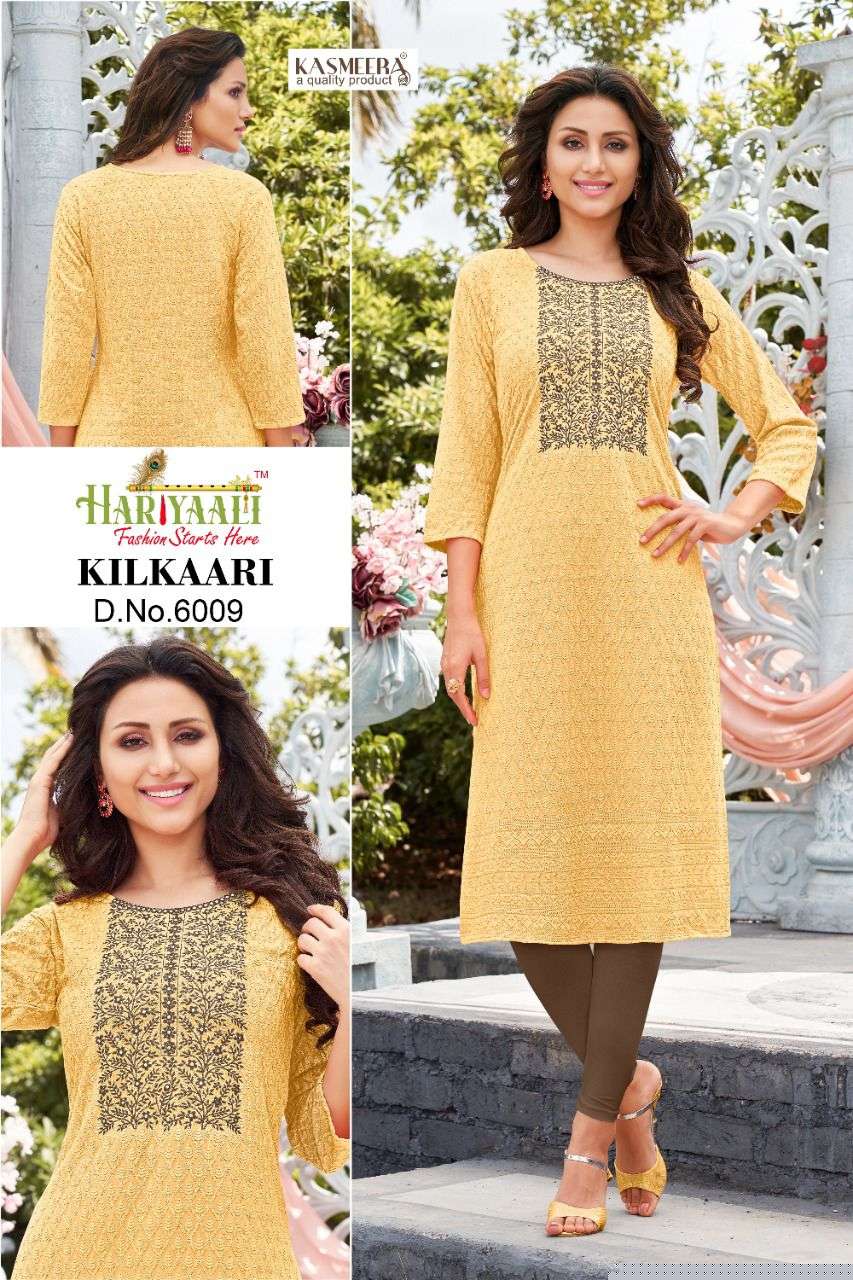 KILKAARI BY HARIYAALI 6001 TO 6009 SERIES DESIGNER STYLISH FANCY COLORFUL BEAUTIFUL PARTY WEAR & ETHNIC WEAR COLLECTION RAYON KURTIS AT WHOLESALE PRICE