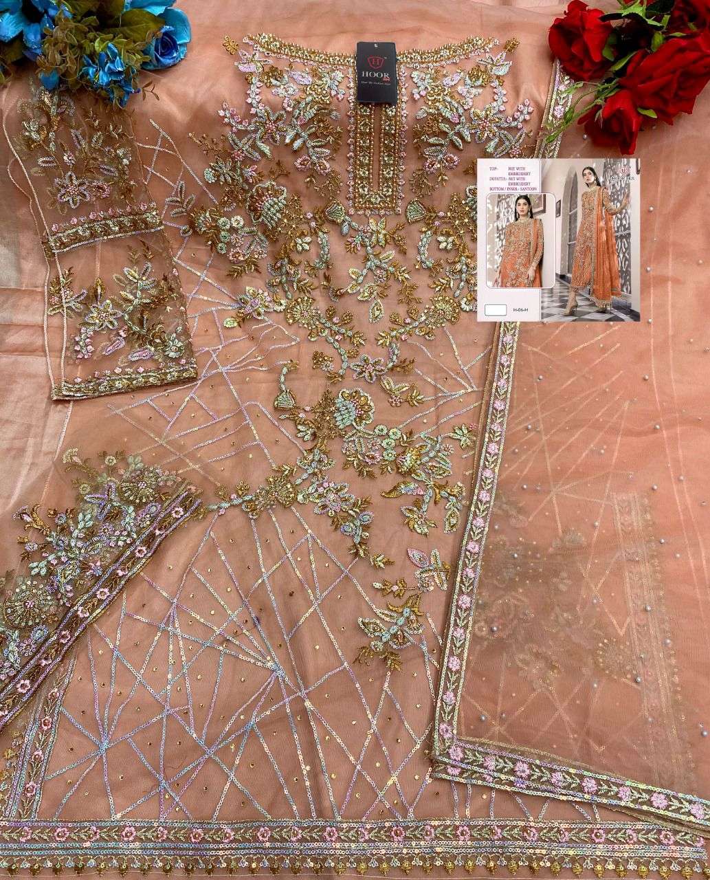 HOOR TEX HIT DESIGN H-06 COLOURS BY HOOR TEX H-06-G TO H-06-L SERIES DESIGNER FESTIVE PAKISTANI SUITS COLLECTION BEAUTIFUL STYLISH FANCY COLORFUL PARTY WEAR & OCCASIONAL WEAR NET EMBROIDERED DRESSES AT WHOLESALE PRICE
