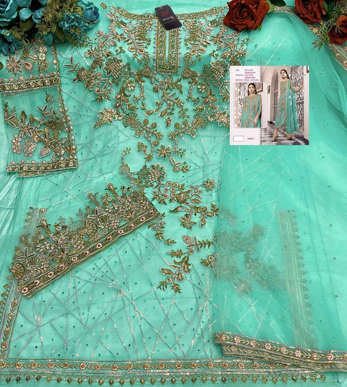 HOOR TEX HIT DESIGN H-06 COLOURS BY HOOR TEX H-06-G TO H-06-L SERIES DESIGNER FESTIVE PAKISTANI SUITS COLLECTION BEAUTIFUL STYLISH FANCY COLORFUL PARTY WEAR & OCCASIONAL WEAR NET EMBROIDERED DRESSES AT WHOLESALE PRICE