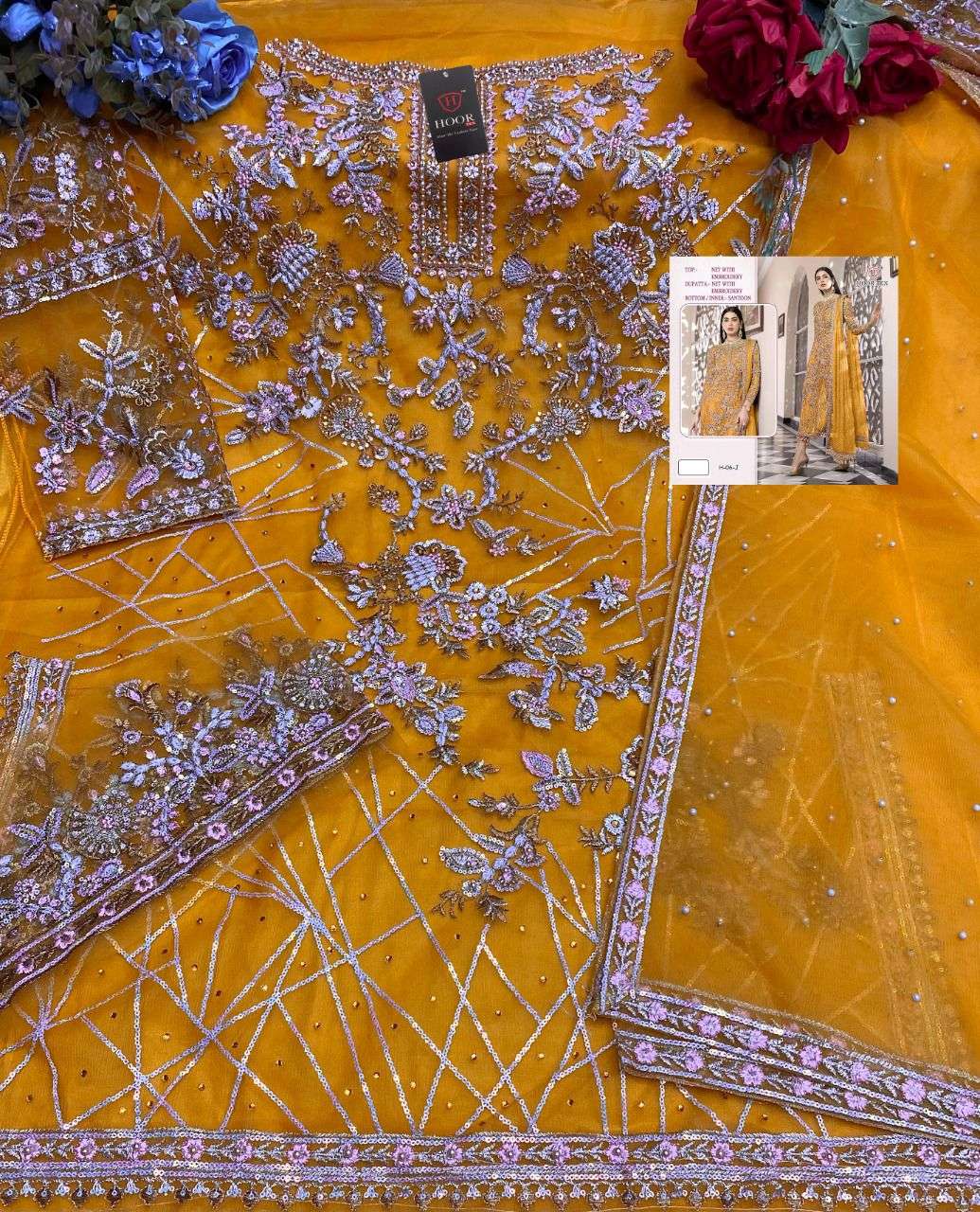 HOOR TEX HIT DESIGN H-06 COLOURS BY HOOR TEX H-06-G TO H-06-L SERIES DESIGNER FESTIVE PAKISTANI SUITS COLLECTION BEAUTIFUL STYLISH FANCY COLORFUL PARTY WEAR & OCCASIONAL WEAR NET EMBROIDERED DRESSES AT WHOLESALE PRICE