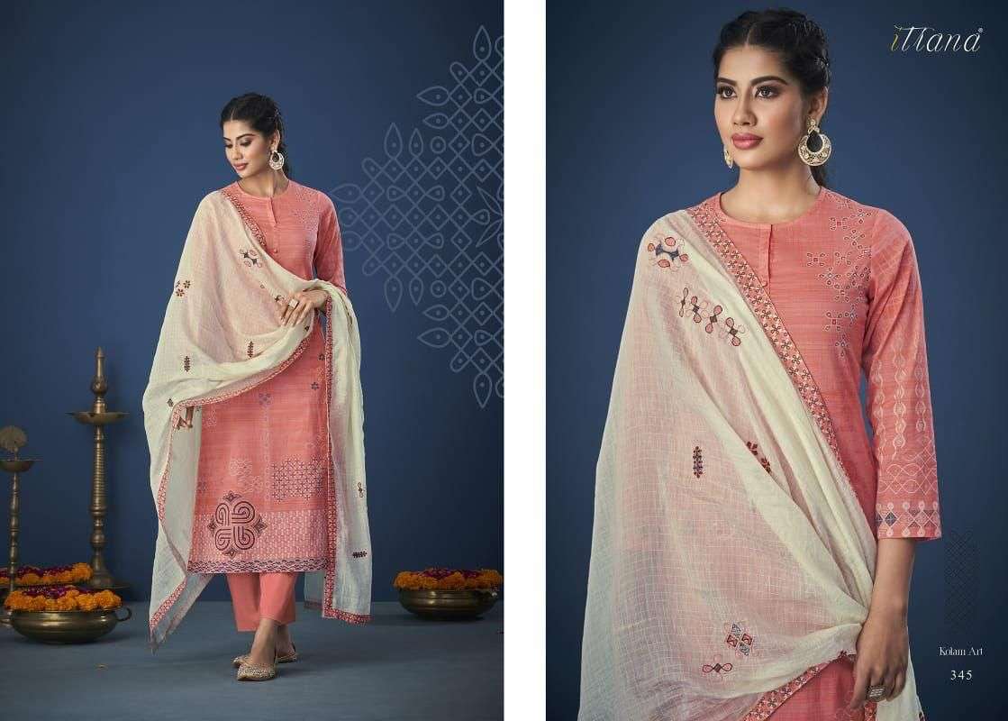 KOLAM ART BY ITRANA BEAUTIFUL SUITS COLORFUL STYLISH FANCY CASUAL WEAR & ETHNIC WEAR PURE LAWN COTTON PRINT DRESSES AT WHOLESALE PRICE