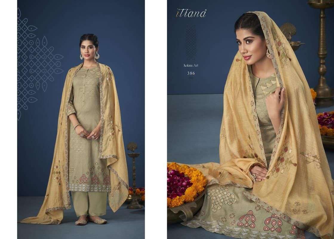 KOLAM ART BY ITRANA BEAUTIFUL SUITS COLORFUL STYLISH FANCY CASUAL WEAR & ETHNIC WEAR PURE LAWN COTTON PRINT DRESSES AT WHOLESALE PRICE