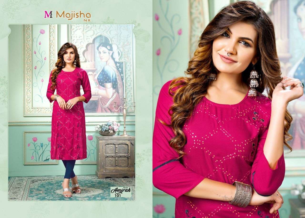 AMIRAH VOL-1 BY MAJISHA NX 101 TO 108 SERIES DESIGNER STYLISH FANCY COLORFUL BEAUTIFUL PARTY WEAR & ETHNIC WEAR COLLECTION PURE RAYON KURTIS AT WHOLESALE PRICE