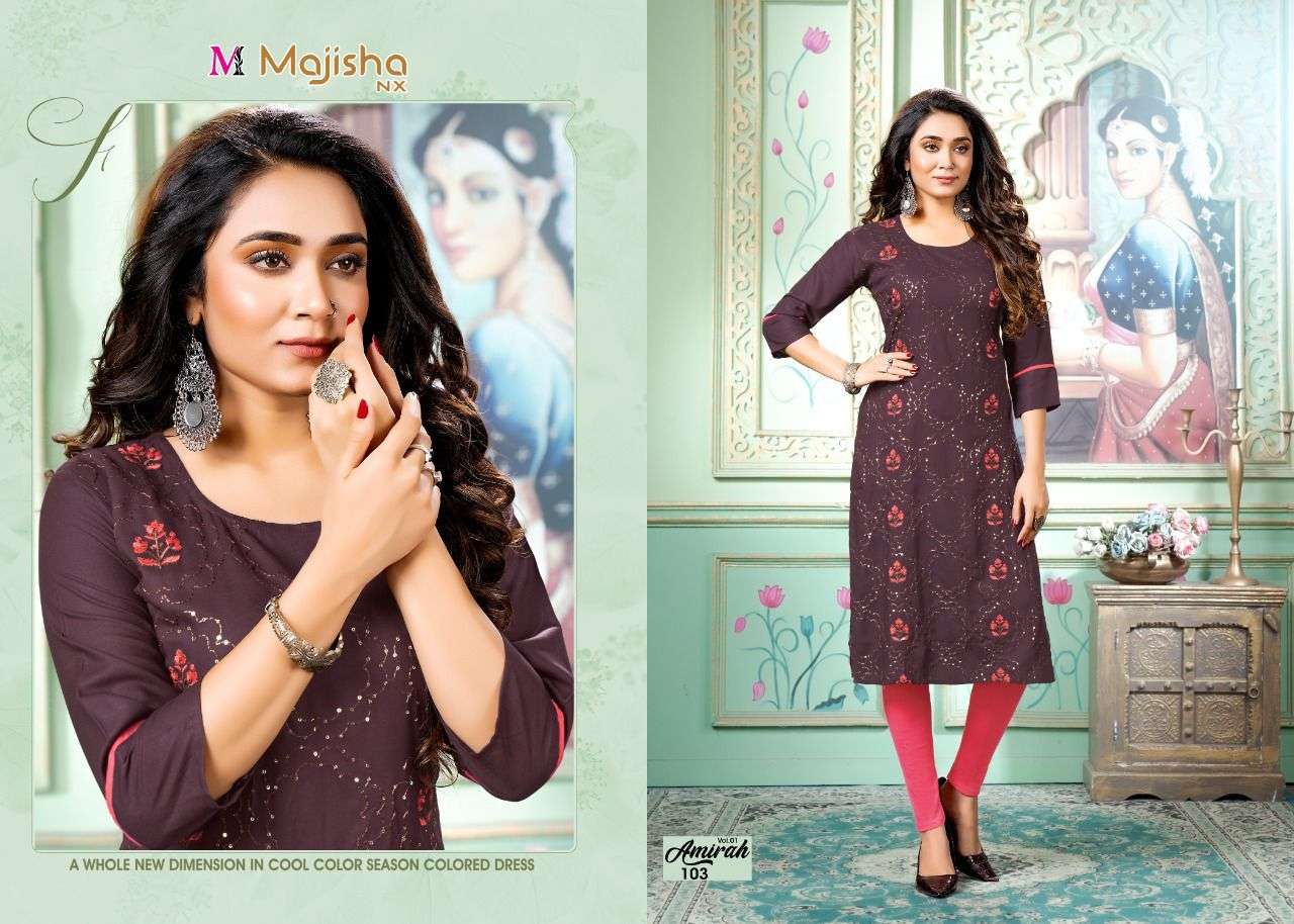 AMIRAH VOL-1 BY MAJISHA NX 101 TO 108 SERIES DESIGNER STYLISH FANCY COLORFUL BEAUTIFUL PARTY WEAR & ETHNIC WEAR COLLECTION PURE RAYON KURTIS AT WHOLESALE PRICE