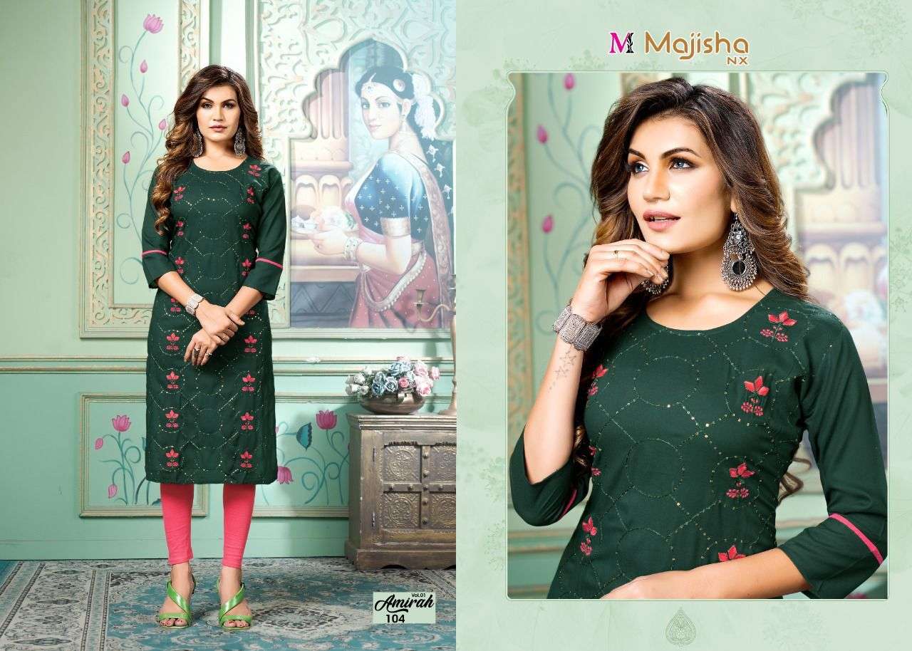 AMIRAH VOL-1 BY MAJISHA NX 101 TO 108 SERIES DESIGNER STYLISH FANCY COLORFUL BEAUTIFUL PARTY WEAR & ETHNIC WEAR COLLECTION PURE RAYON KURTIS AT WHOLESALE PRICE