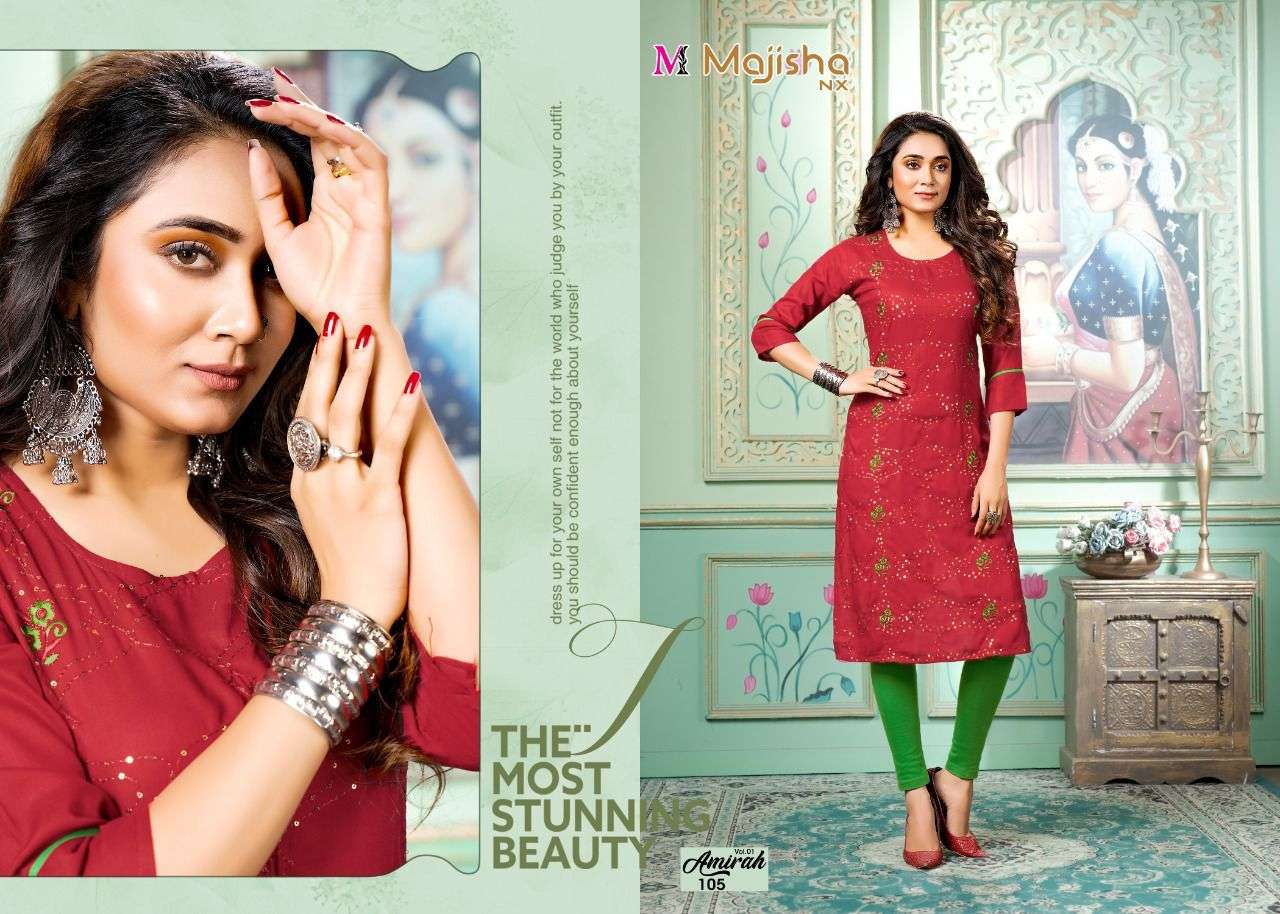 AMIRAH VOL-1 BY MAJISHA NX 101 TO 108 SERIES DESIGNER STYLISH FANCY COLORFUL BEAUTIFUL PARTY WEAR & ETHNIC WEAR COLLECTION PURE RAYON KURTIS AT WHOLESALE PRICE