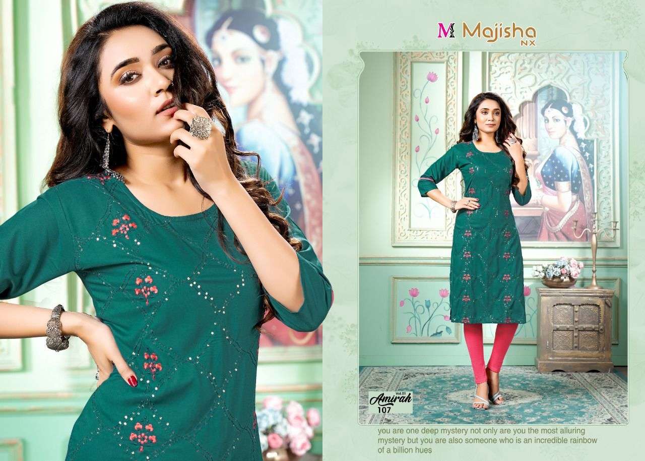AMIRAH VOL-1 BY MAJISHA NX 101 TO 108 SERIES DESIGNER STYLISH FANCY COLORFUL BEAUTIFUL PARTY WEAR & ETHNIC WEAR COLLECTION PURE RAYON KURTIS AT WHOLESALE PRICE