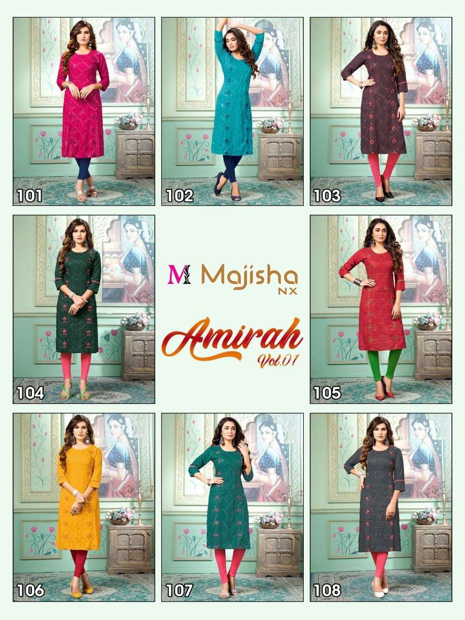 AMIRAH VOL-1 BY MAJISHA NX 101 TO 108 SERIES DESIGNER STYLISH FANCY COLORFUL BEAUTIFUL PARTY WEAR & ETHNIC WEAR COLLECTION PURE RAYON KURTIS AT WHOLESALE PRICE