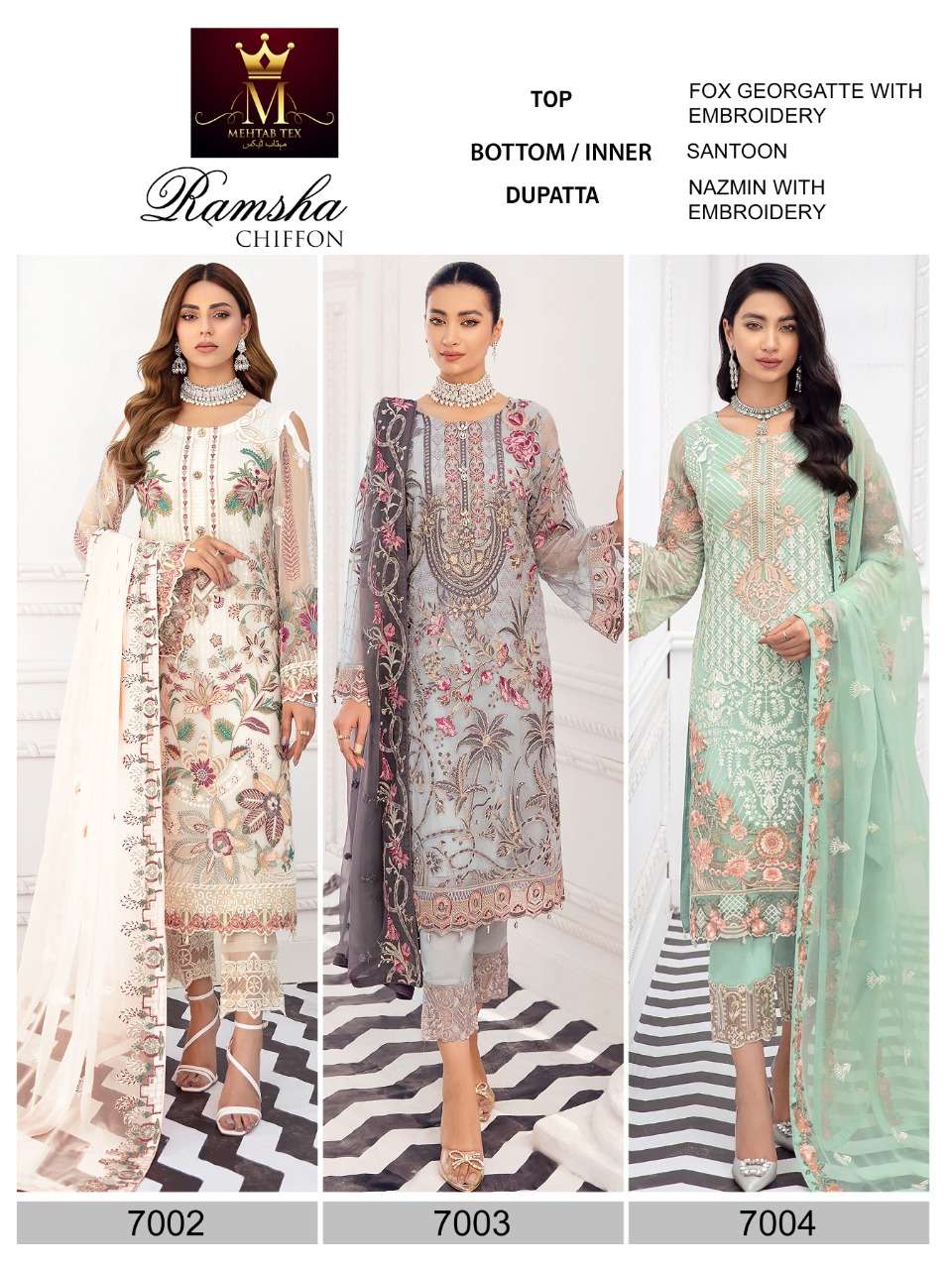 RAMSHA CHIFFON BY MEHTAB TEX 7002 TO 7004 SERIES PAKISTANI SUITS BEAUTIFUL FANCY COLORFUL STYLISH PARTY WEAR & OCCASIONAL WEAR FAUX GEORGETTE WITH EMBROIDERY DRESSES AT WHOLESALE PRICE