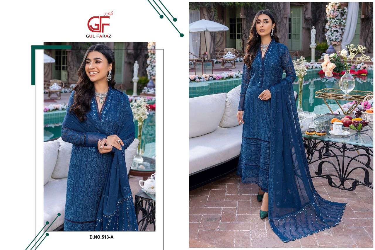 GUL FARAZ 513 COLOURS BY GUL FARAZ 513-A TO 513-D SERIES BEAUTIFUL PAKISTANI SUITS COLORFUL STYLISH FANCY CASUAL WEAR & ETHNIC WEAR FAUX GEORGETTE EMBROIDERED DRESSES AT WHOLESALE PRICE