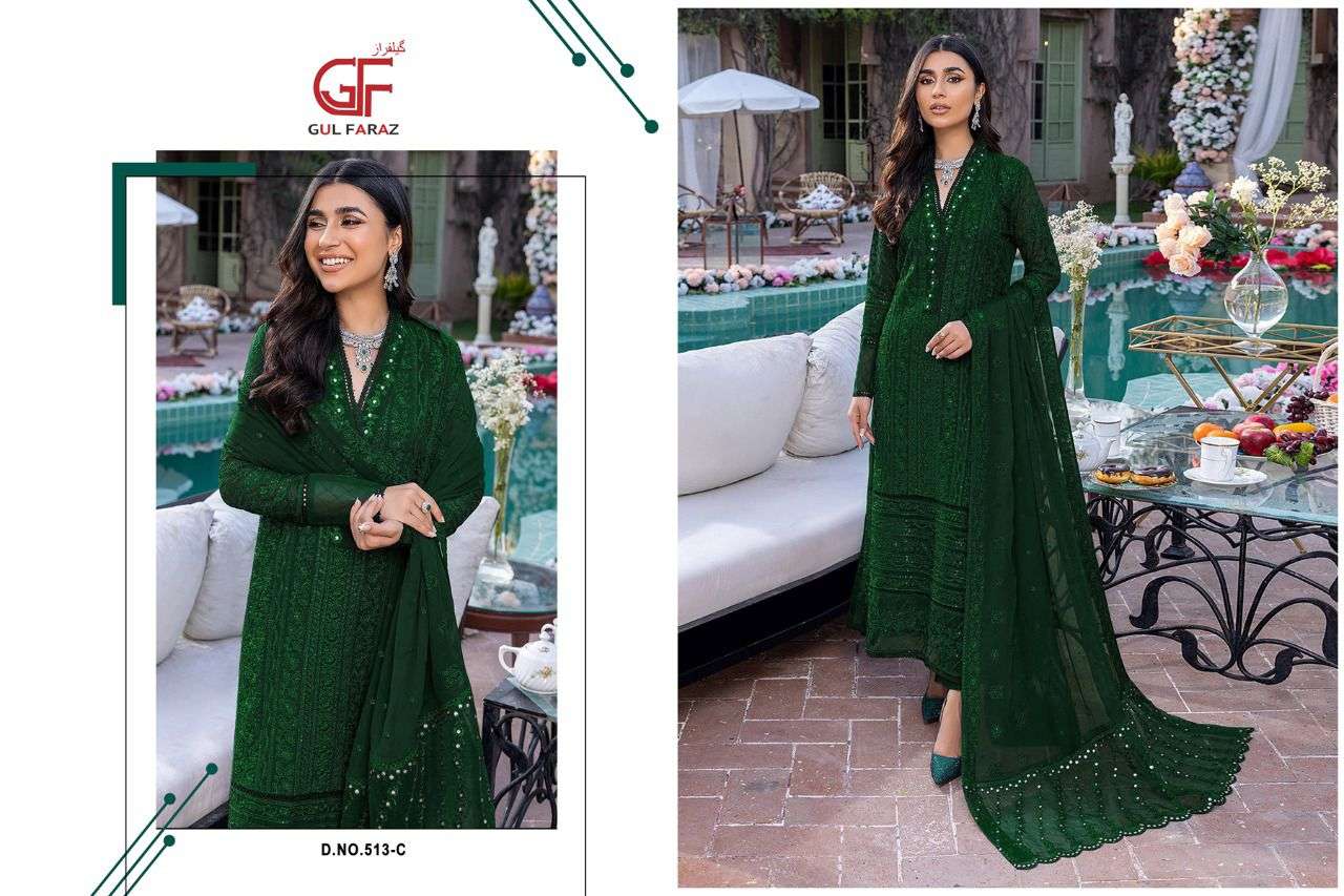 GUL FARAZ 513 COLOURS BY GUL FARAZ 513-A TO 513-D SERIES BEAUTIFUL PAKISTANI SUITS COLORFUL STYLISH FANCY CASUAL WEAR & ETHNIC WEAR FAUX GEORGETTE EMBROIDERED DRESSES AT WHOLESALE PRICE