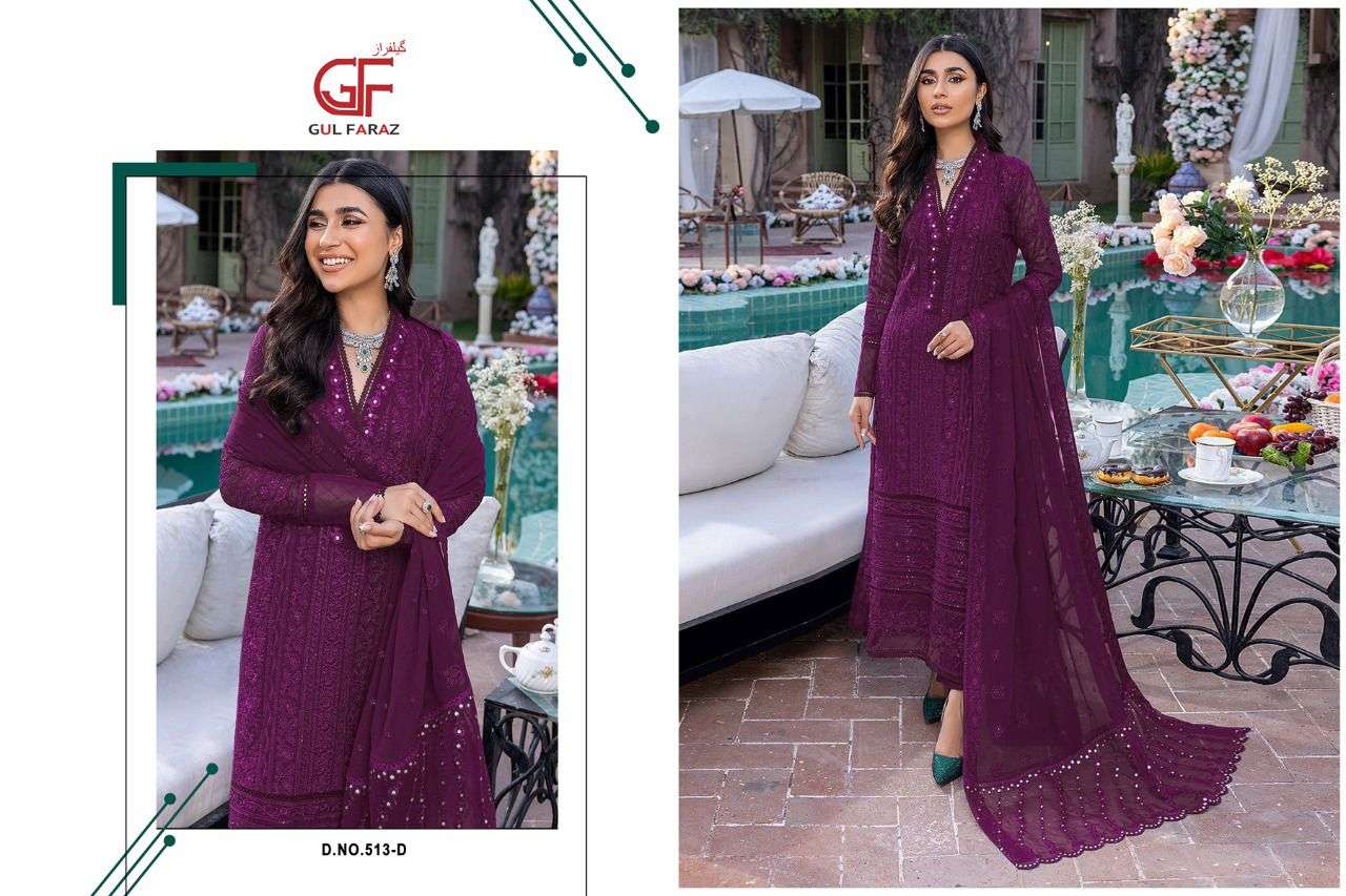 GUL FARAZ 513 COLOURS BY GUL FARAZ 513-A TO 513-D SERIES BEAUTIFUL PAKISTANI SUITS COLORFUL STYLISH FANCY CASUAL WEAR & ETHNIC WEAR FAUX GEORGETTE EMBROIDERED DRESSES AT WHOLESALE PRICE