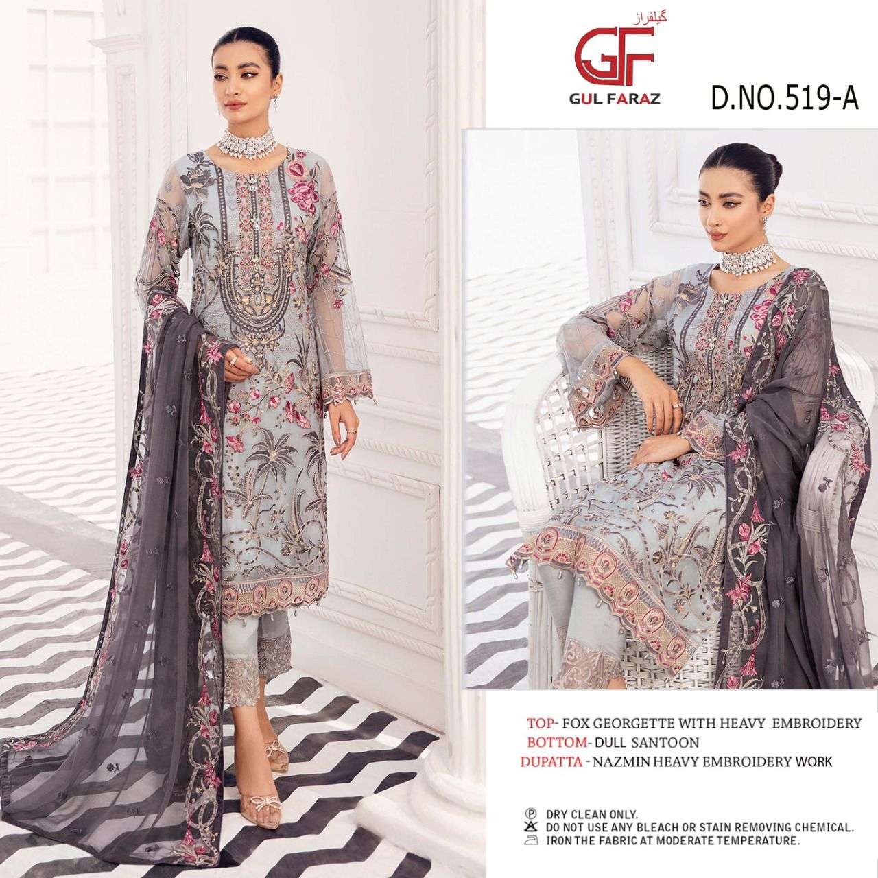 GUL FARAZ 519 COLOURS BY GUL FARAZ 519-A TO 519-D SERIES BEAUTIFUL PAKISTANI SUITS COLORFUL STYLISH FANCY CASUAL WEAR & ETHNIC WEAR GEORGETTE EMBROIDERED DRESSES AT WHOLESALE PRICE