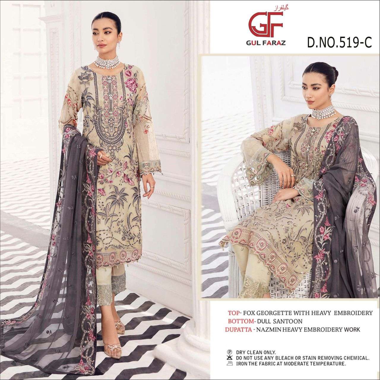 GUL FARAZ 519 COLOURS BY GUL FARAZ 519-A TO 519-D SERIES BEAUTIFUL PAKISTANI SUITS COLORFUL STYLISH FANCY CASUAL WEAR & ETHNIC WEAR GEORGETTE EMBROIDERED DRESSES AT WHOLESALE PRICE