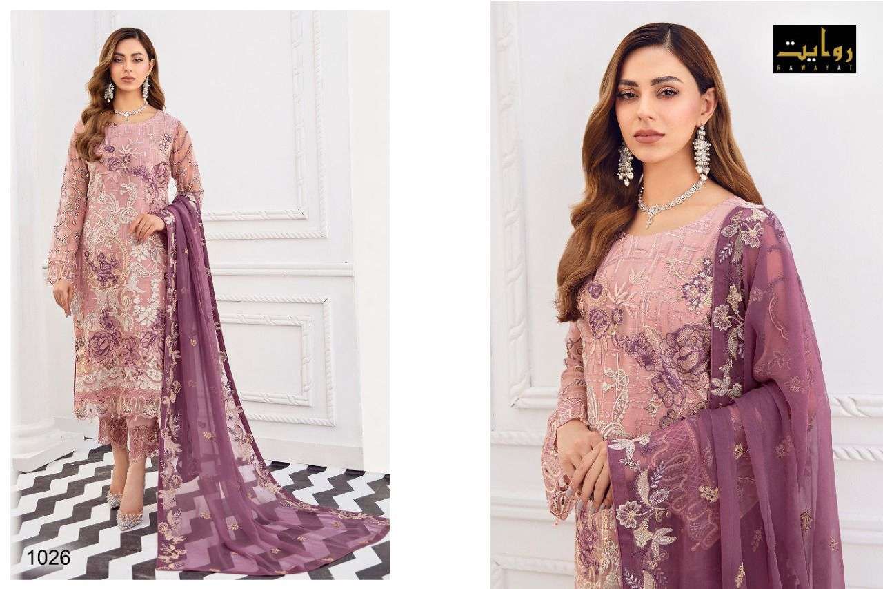 RANGOON VOL-3 BY RAWAYAT 1026 TO 1029 SERIES DESIGNER FESTIVE PAKISTANI SUITS COLLECTION BEAUTIFUL STYLISH FANCY COLORFUL PARTY WEAR & OCCASIONAL WEAR FAUX GEORGETTE EMBROIDERED DRESSES AT WHOLESALE PRICE