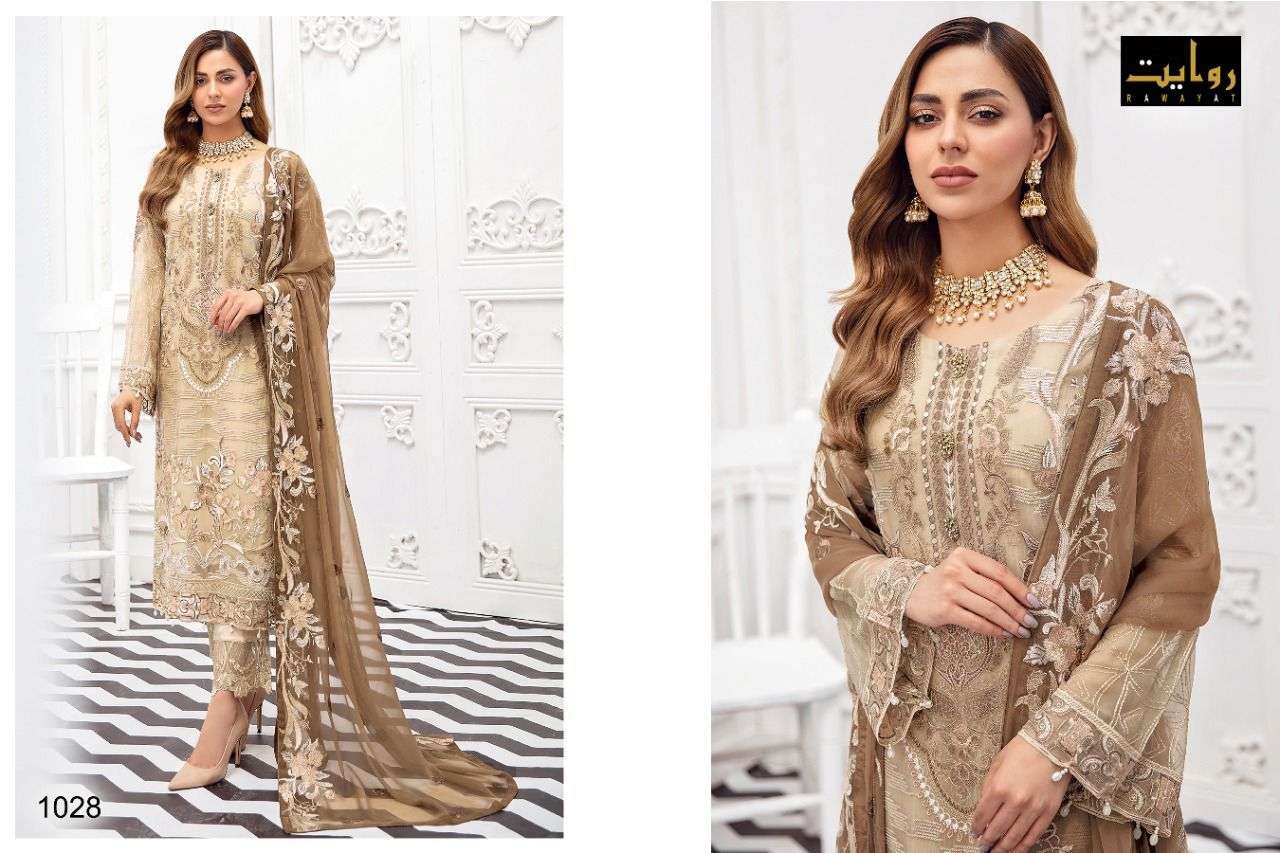 RANGOON VOL-3 BY RAWAYAT 1026 TO 1029 SERIES DESIGNER FESTIVE PAKISTANI SUITS COLLECTION BEAUTIFUL STYLISH FANCY COLORFUL PARTY WEAR & OCCASIONAL WEAR FAUX GEORGETTE EMBROIDERED DRESSES AT WHOLESALE PRICE
