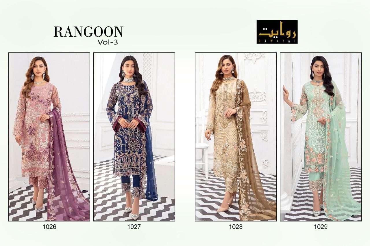 RANGOON VOL-3 BY RAWAYAT 1026 TO 1029 SERIES DESIGNER FESTIVE PAKISTANI SUITS COLLECTION BEAUTIFUL STYLISH FANCY COLORFUL PARTY WEAR & OCCASIONAL WEAR FAUX GEORGETTE EMBROIDERED DRESSES AT WHOLESALE PRICE