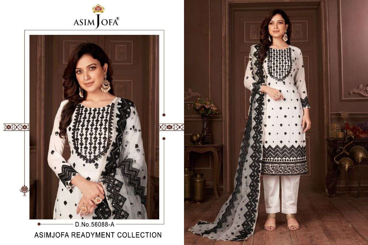 ASIM JOFA HIT DESIGN 56088 COLOURS BY ASIM JOFA 56088-A TO 56088-B SERIES BEAUTIFUL SUITS STYLISH COLORFUL FANCY CASUAL WEAR & ETHNIC WEAR PURE GEORGETTE EMBROIDERED DRESSES AT WHOLESALE PRICE