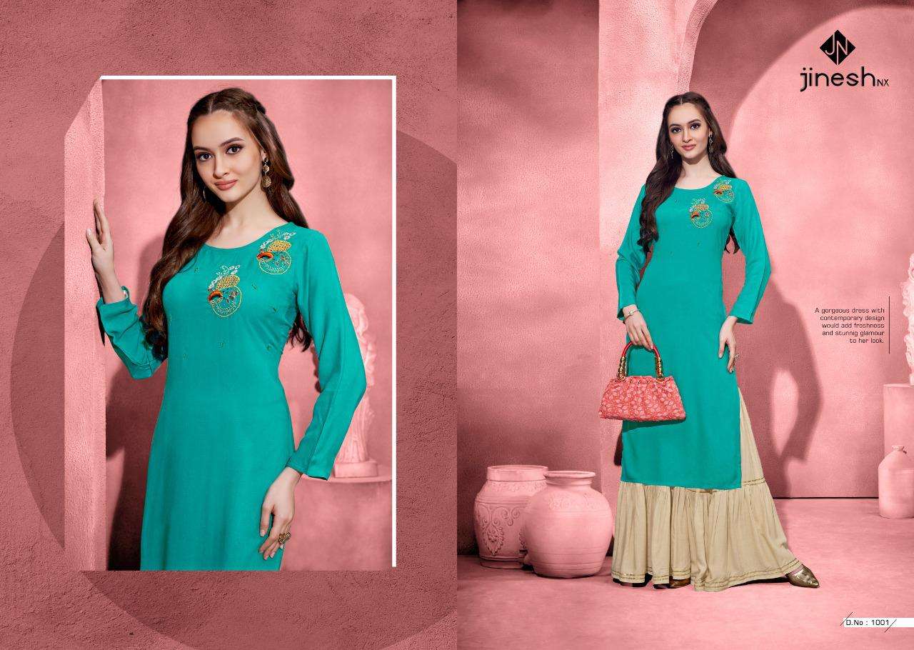 ZOOLEE BY JINESH NX 1001 TO 1007 SERIES DESIGNER STYLISH FANCY COLORFUL BEAUTIFUL PARTY WEAR & ETHNIC WEAR COLLECTION RAYON WITH WORK KURTIS WITH BOTTOM AT WHOLESALE PRICE