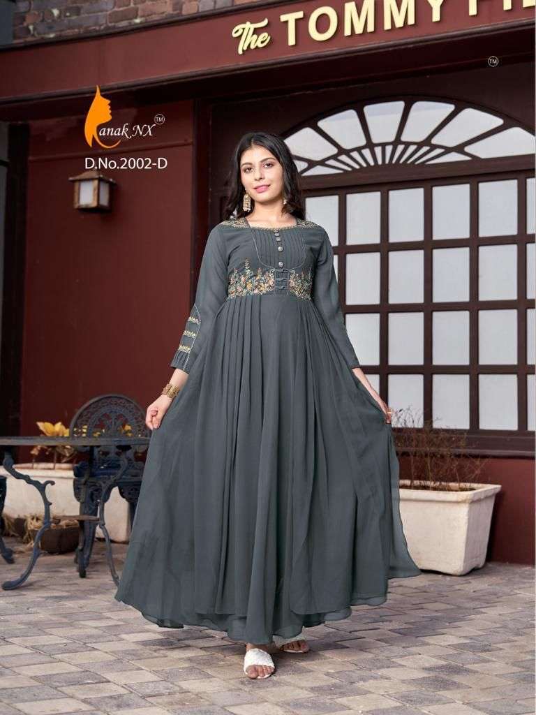SASYA COLOURS BY KANAK NX 2002-A TO 2002-D SERIES BEAUTIFUL STYLISH FANCY COLORFUL CASUAL WEAR & ETHNIC WEAR GEORGETTE EMBROIDERED GOWNS AT WHOLESALE PRICE