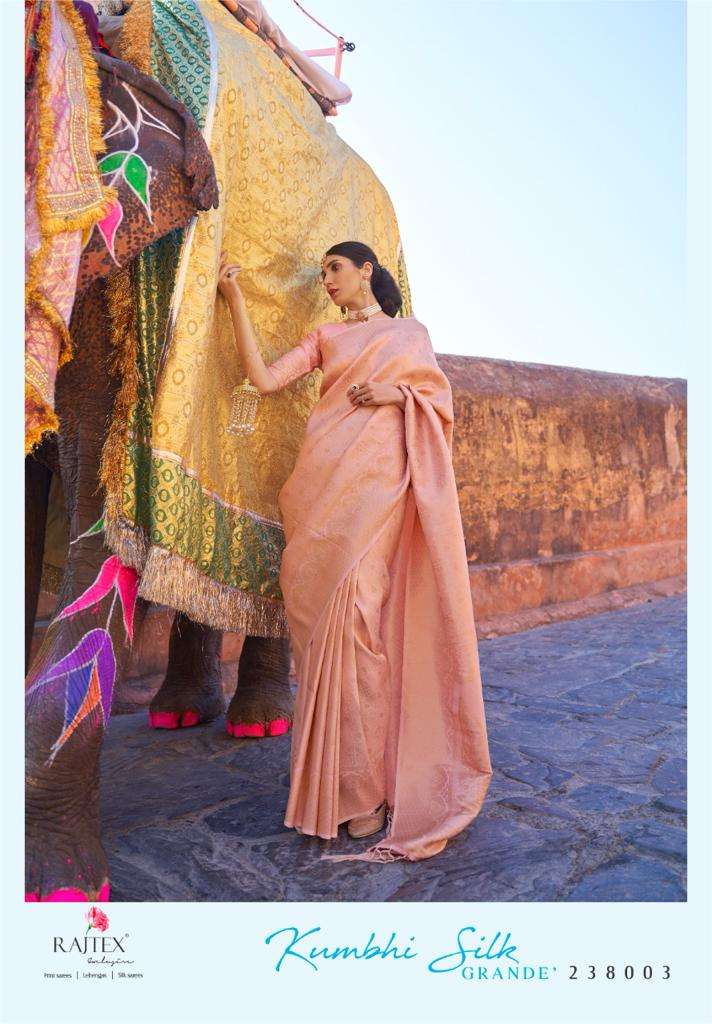 KUMBHI SILK GRANDE BY RAJ TEX 238001 TO 238006 SERIES COLORFUL BEAUTIFUL FANCY PARTY WEAR & TRADITIONAL WEAR HANDLOOM WEAVING SILK SAREES AT WHOLESALE PRICE