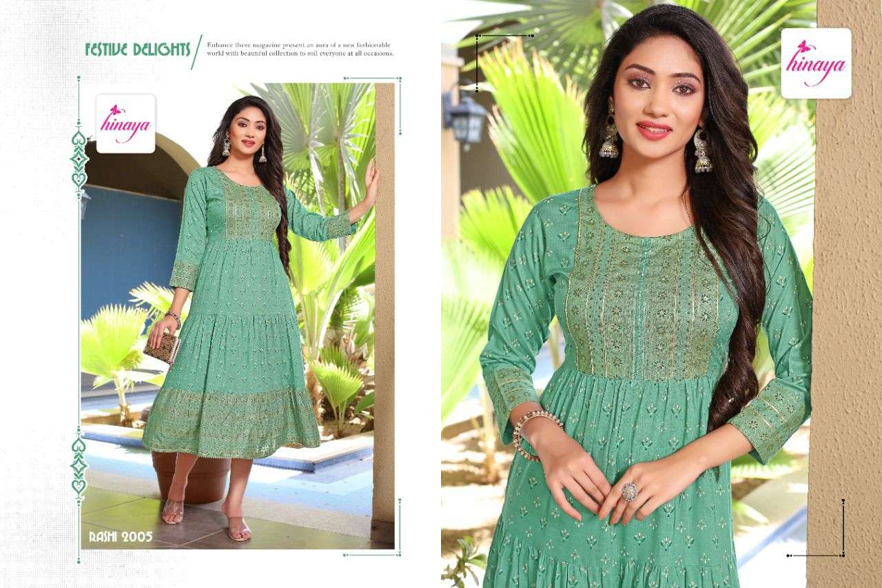 RASHI BY HINAYA 1001 TO 1005 SERIES DESIGNER STYLISH FANCY COLORFUL BEAUTIFUL PARTY WEAR & ETHNIC WEAR COLLECTION PURE RAYON SLUB KURTIS AT WHOLESALE PRICE