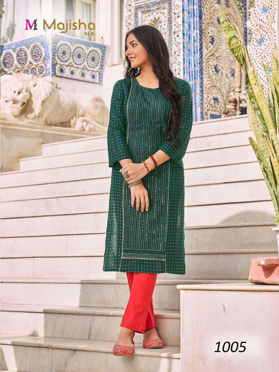 DESTINY BY MAJISHA NX 1001 TO 1008 SERIES DESIGNER STYLISH FANCY COLORFUL BEAUTIFUL PARTY WEAR & ETHNIC WEAR COLLECTION RAYON FOIL PRINT KURTIS AT WHOLESALE PRICE