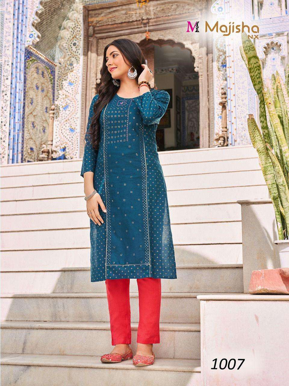 DESTINY BY MAJISHA NX 1001 TO 1008 SERIES DESIGNER STYLISH FANCY COLORFUL BEAUTIFUL PARTY WEAR & ETHNIC WEAR COLLECTION RAYON FOIL PRINT KURTIS AT WHOLESALE PRICE