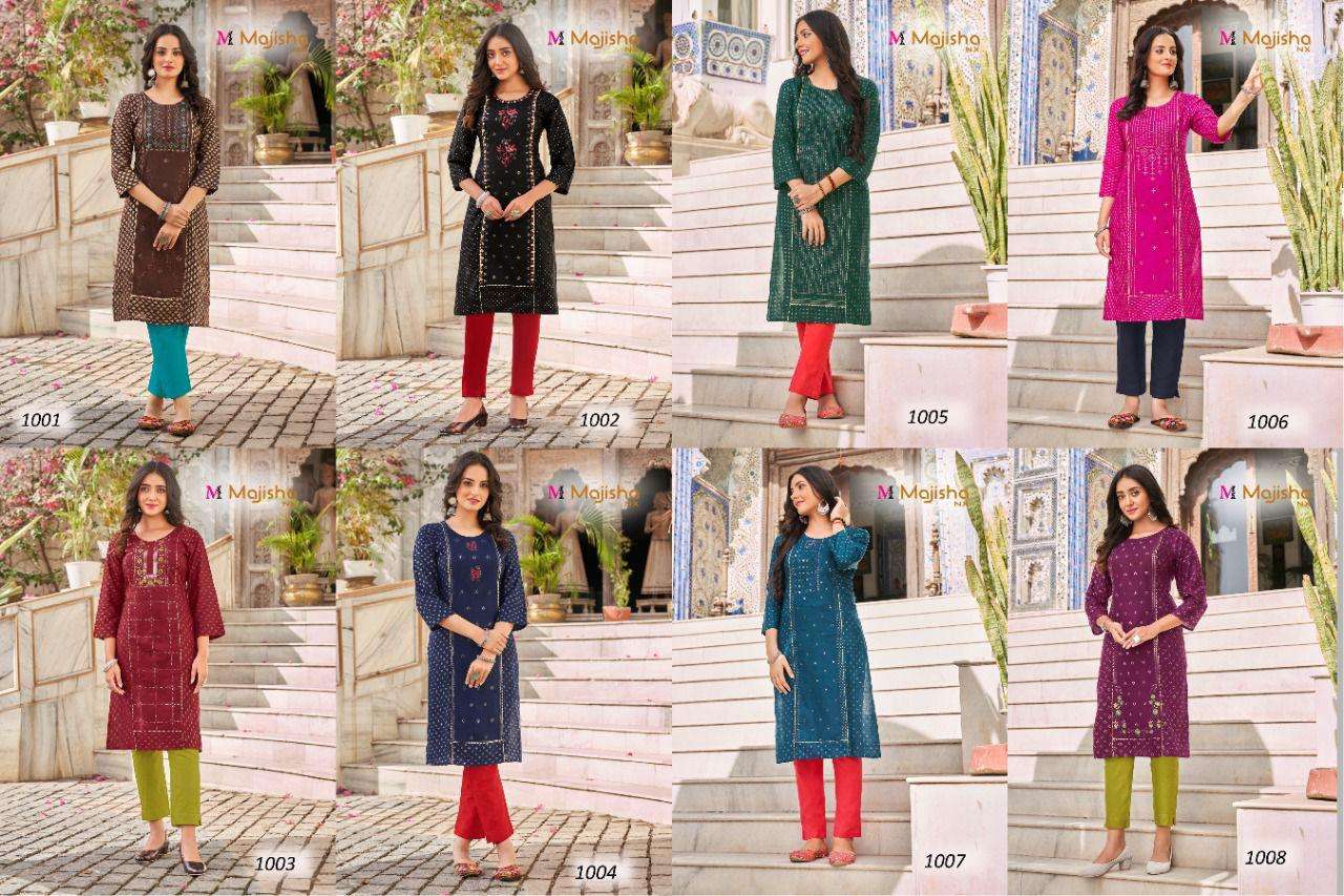 DESTINY BY MAJISHA NX 1001 TO 1008 SERIES DESIGNER STYLISH FANCY COLORFUL BEAUTIFUL PARTY WEAR & ETHNIC WEAR COLLECTION RAYON FOIL PRINT KURTIS AT WHOLESALE PRICE