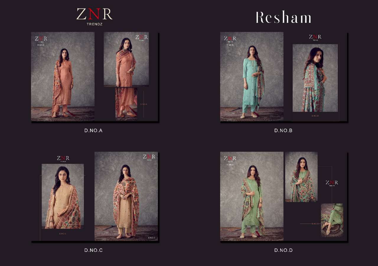 RESHAM BY ZNR TRENDZ A TO D SERIES BEAUTIFUL SUITS COLORFUL STYLISH FANCY CASUAL WEAR & ETHNIC WEAR MUSLIN EMBROIDERED DRESSES AT WHOLESALE PRICE