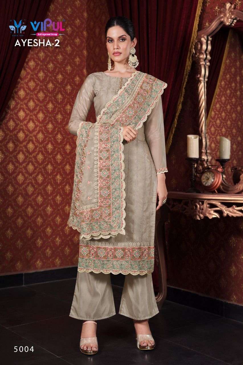 AYESHA VOL-2 BY VIPUL FASHION 5001 TO 5006 SERIES BEAUTIFUL SUITS COLORFUL STYLISH FANCY CASUAL WEAR & ETHNIC WEAR ORGANZA DRESSES AT WHOLESALE PRICE