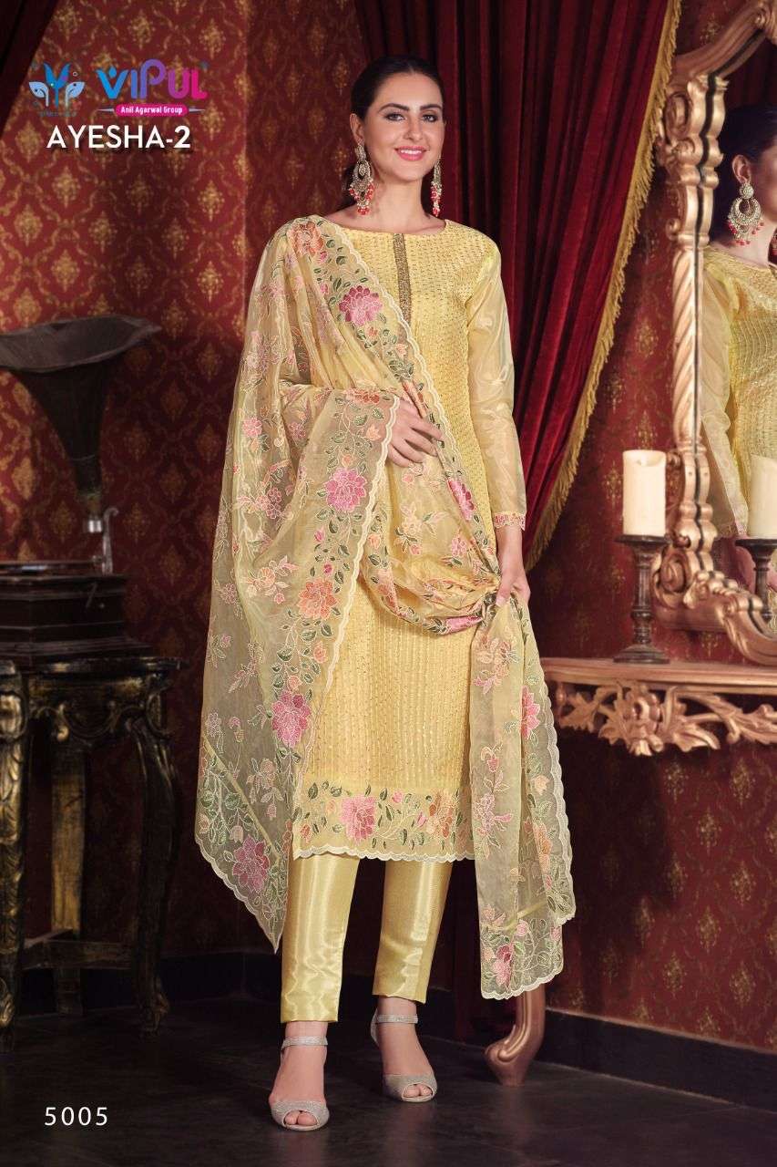 AYESHA VOL-2 BY VIPUL FASHION 5001 TO 5006 SERIES BEAUTIFUL SUITS COLORFUL STYLISH FANCY CASUAL WEAR & ETHNIC WEAR ORGANZA DRESSES AT WHOLESALE PRICE