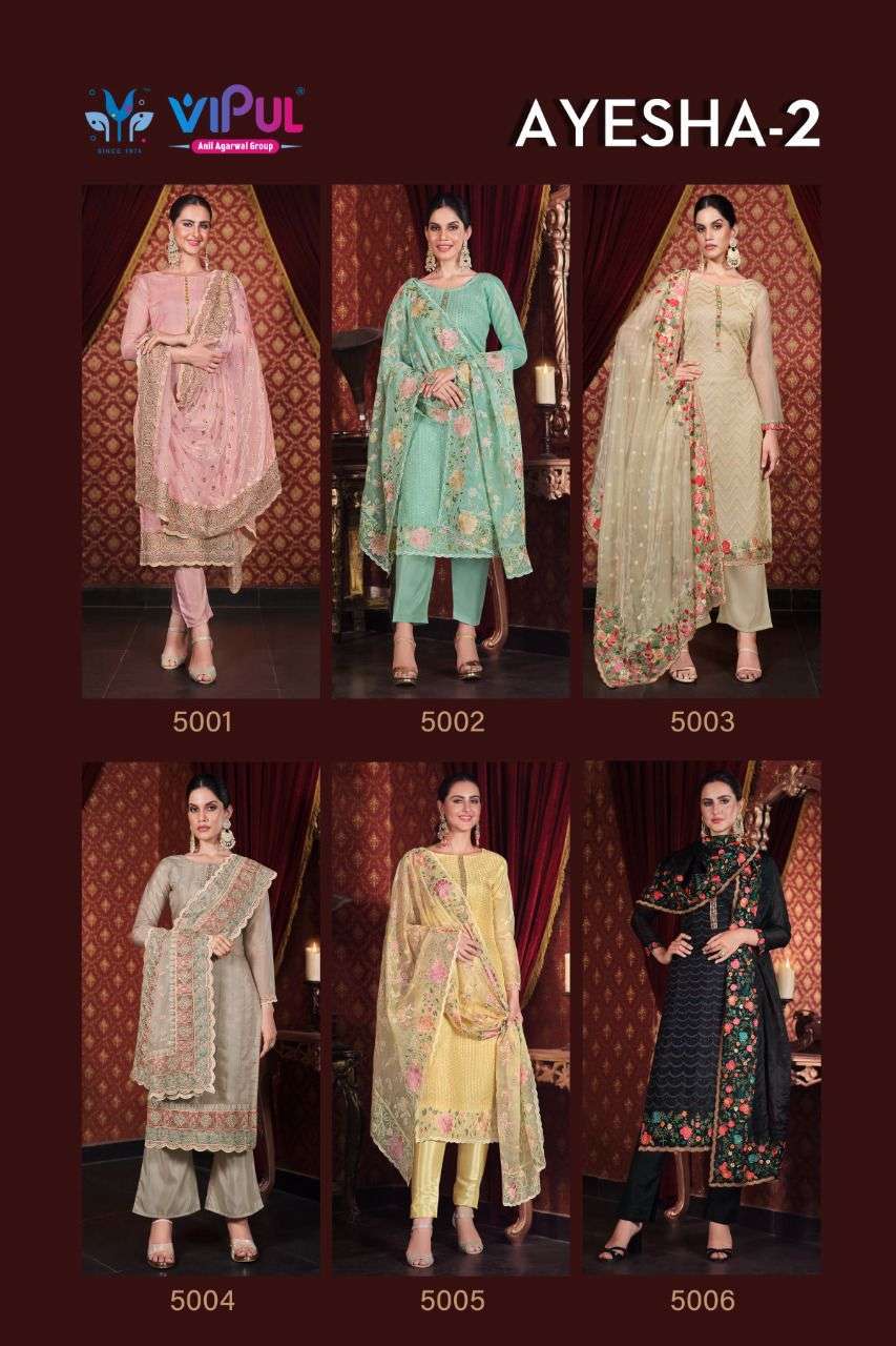AYESHA VOL-2 BY VIPUL FASHION 5001 TO 5006 SERIES BEAUTIFUL SUITS COLORFUL STYLISH FANCY CASUAL WEAR & ETHNIC WEAR ORGANZA DRESSES AT WHOLESALE PRICE