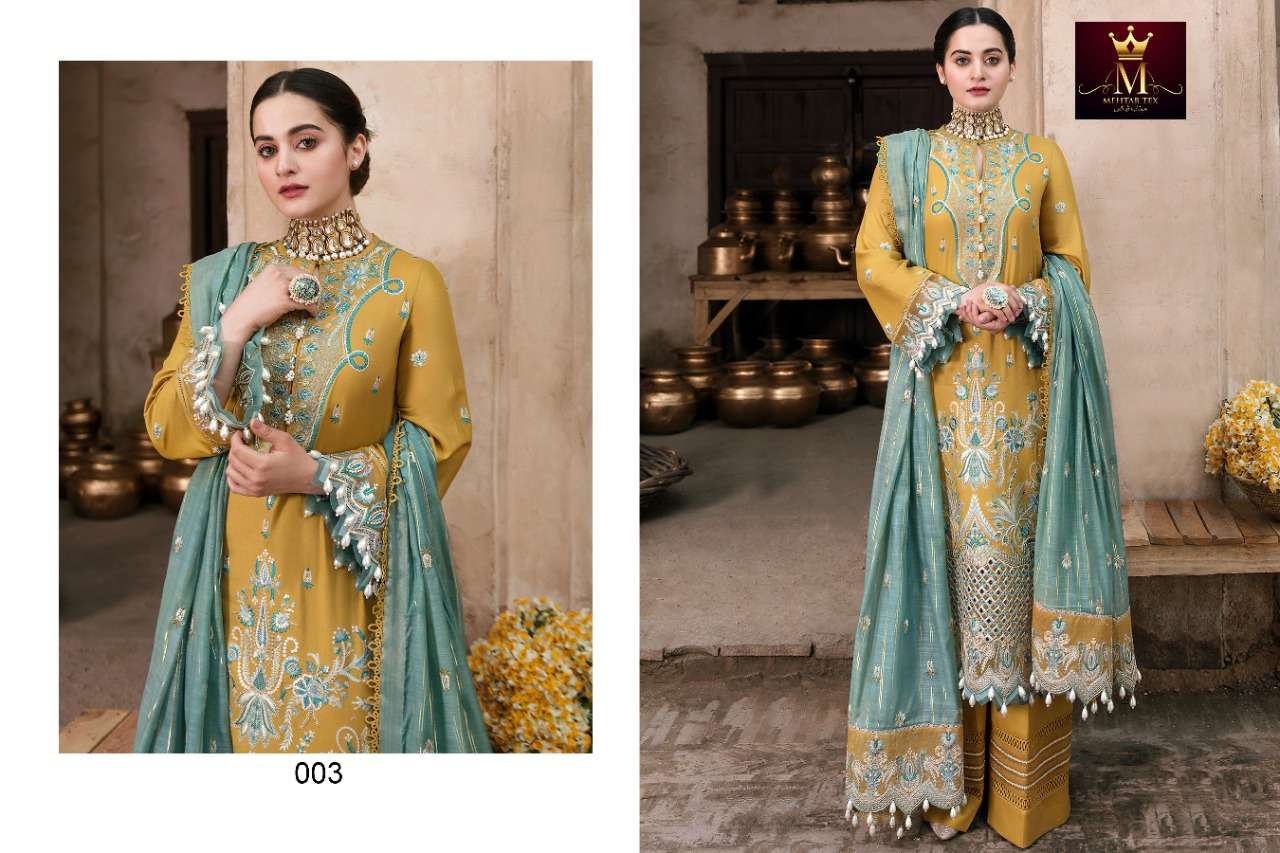 AFROZ VOL-1 BY MEHTAB TEX 001 TO 0003 SERIES PAKISTANI SUITS BEAUTIFUL FANCY COLORFUL STYLISH PARTY WEAR & OCCASIONAL WEAR GEORGETTE WITH EMBROIDERY DRESSES AT WHOLESALE PRICE
