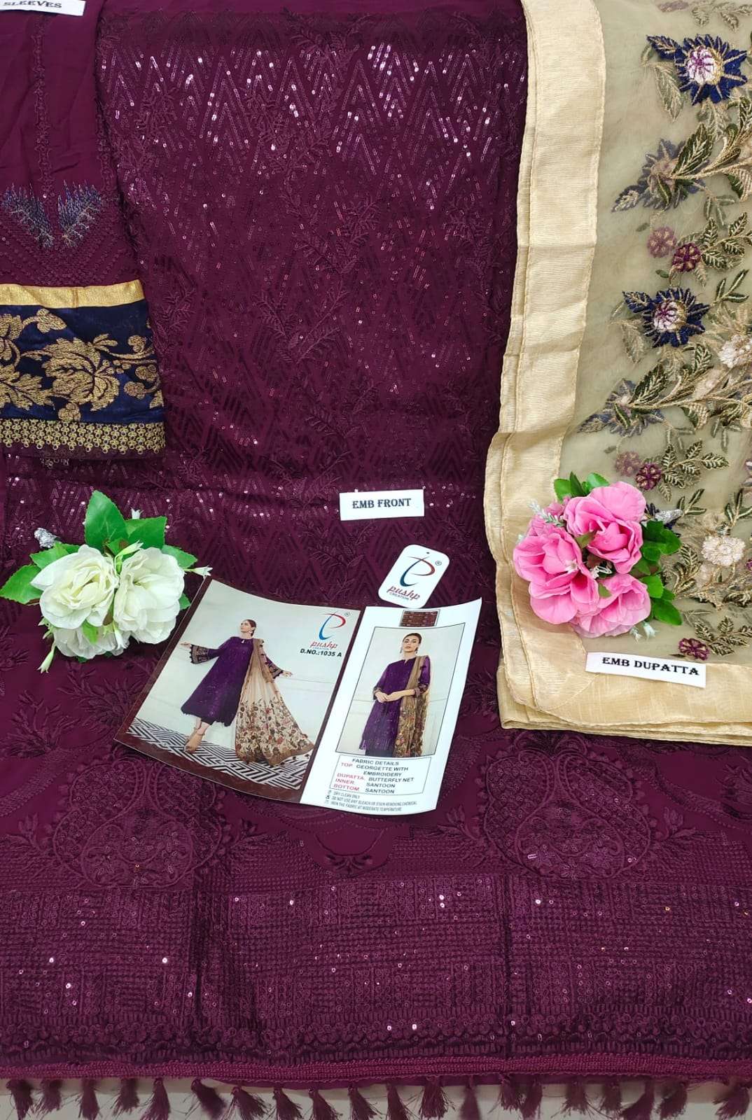 PUSHP HIT DESIGN 1035 COLOURS BY PUSHP CREATION 1035-A TO 1035-G SERIES DESIGNER PAKISTANI SUITS BEAUTIFUL STYLISH FANCY COLORFUL PARTY WEAR & OCCASIONAL WEAR FAUX GEORGETTE EMBROIDERED DRESSES AT WHOLESALE PRICE