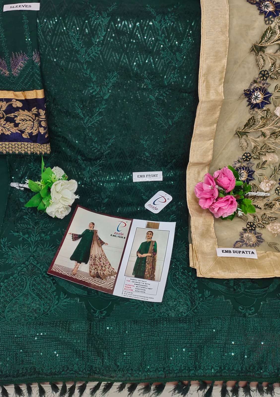PUSHP HIT DESIGN 1035 COLOURS BY PUSHP CREATION 1035-A TO 1035-G SERIES DESIGNER PAKISTANI SUITS BEAUTIFUL STYLISH FANCY COLORFUL PARTY WEAR & OCCASIONAL WEAR FAUX GEORGETTE EMBROIDERED DRESSES AT WHOLESALE PRICE