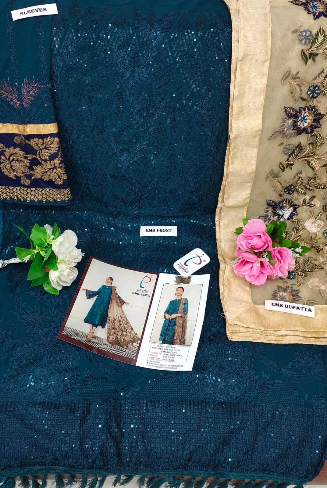 PUSHP HIT DESIGN 1035 COLOURS BY PUSHP CREATION 1035-A TO 1035-G SERIES DESIGNER PAKISTANI SUITS BEAUTIFUL STYLISH FANCY COLORFUL PARTY WEAR & OCCASIONAL WEAR FAUX GEORGETTE EMBROIDERED DRESSES AT WHOLESALE PRICE