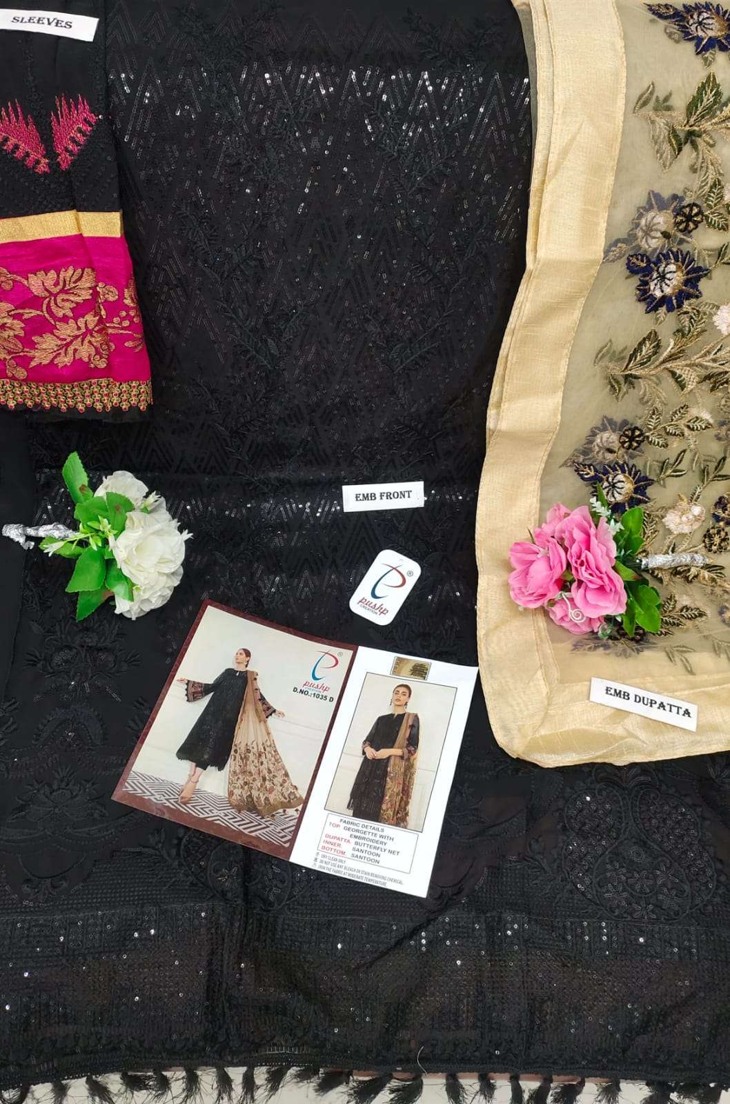 PUSHP HIT DESIGN 1035 COLOURS BY PUSHP CREATION 1035-A TO 1035-G SERIES DESIGNER PAKISTANI SUITS BEAUTIFUL STYLISH FANCY COLORFUL PARTY WEAR & OCCASIONAL WEAR FAUX GEORGETTE EMBROIDERED DRESSES AT WHOLESALE PRICE