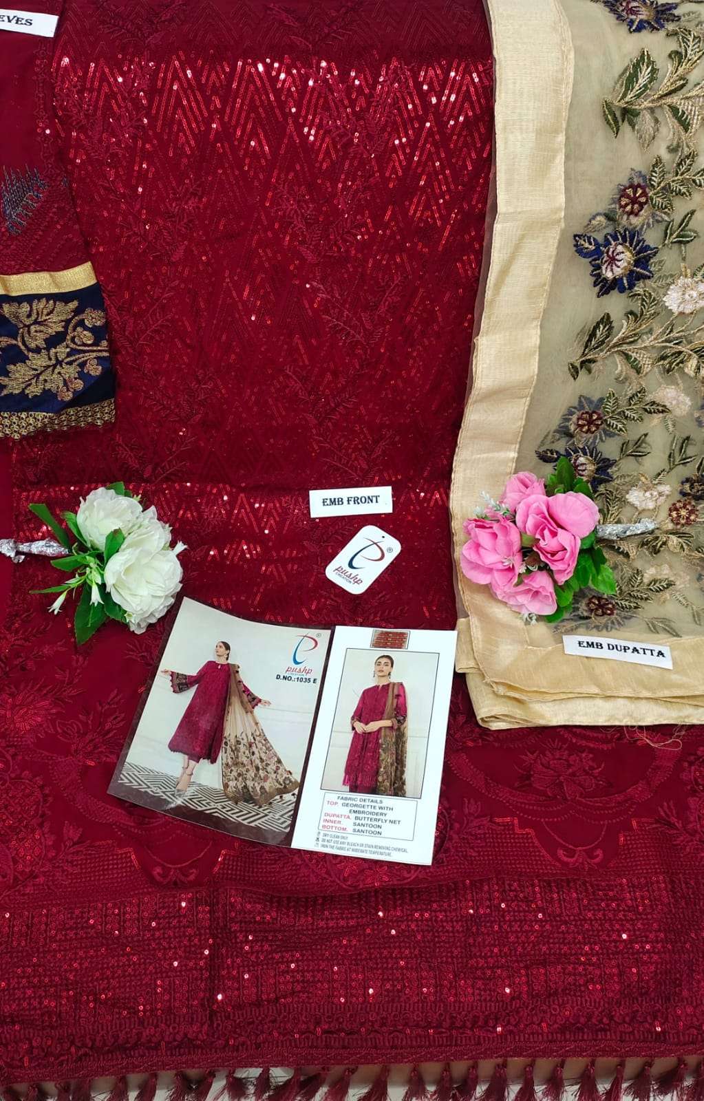 PUSHP HIT DESIGN 1035 COLOURS BY PUSHP CREATION 1035-A TO 1035-G SERIES DESIGNER PAKISTANI SUITS BEAUTIFUL STYLISH FANCY COLORFUL PARTY WEAR & OCCASIONAL WEAR FAUX GEORGETTE EMBROIDERED DRESSES AT WHOLESALE PRICE