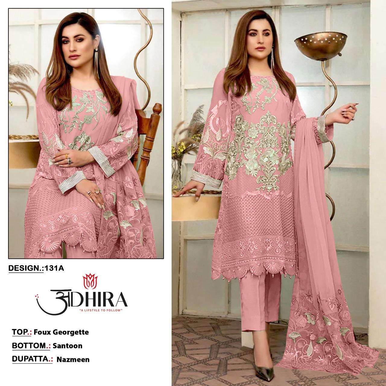 ADHIRA 131 COLOURS BY ADHIRA 131-A TO 131-D SERIES DESIGNER PAKISTANI SUITS BEAUTIFUL STYLISH FANCY COLORFUL PARTY WEAR & OCCASIONAL WEAR FAUX GEORGETTE DRESSES AT WHOLESALE PRICE