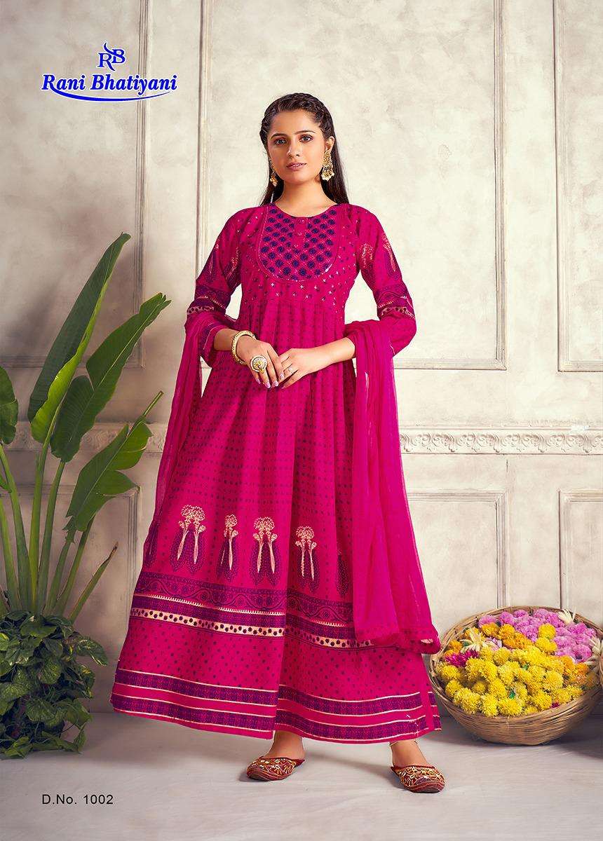 AARADHYA VOL-1 BY RANI BHATIYANI 1001 TO 1008 SERIES BEAUTIFUL STYLISH FANCY COLORFUL CASUAL WEAR & ETHNIC WEAR RAYON FOIL PRINT GOWNS WITH DUPATTA AT WHOLESALE PRICE