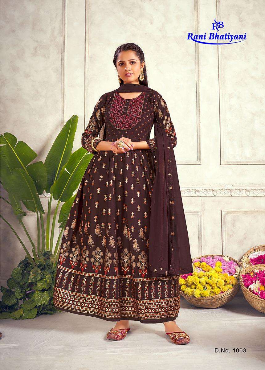 AARADHYA VOL-1 BY RANI BHATIYANI 1001 TO 1008 SERIES BEAUTIFUL STYLISH FANCY COLORFUL CASUAL WEAR & ETHNIC WEAR RAYON FOIL PRINT GOWNS WITH DUPATTA AT WHOLESALE PRICE