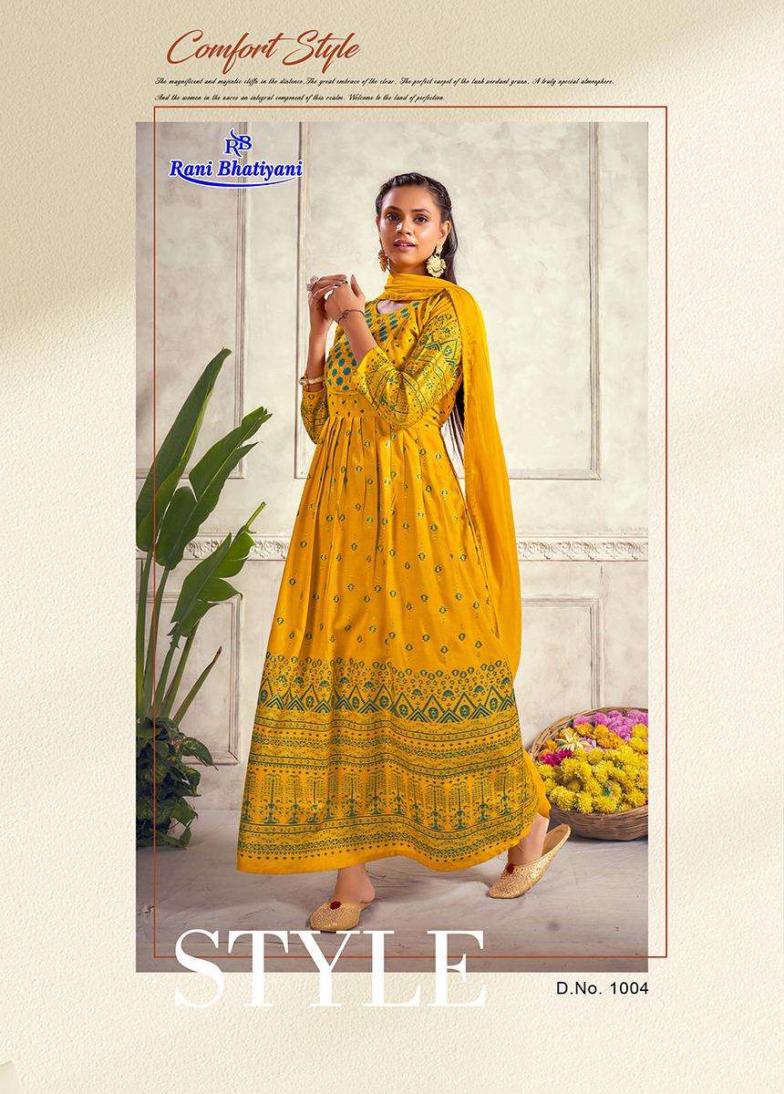 AARADHYA VOL-1 BY RANI BHATIYANI 1001 TO 1008 SERIES BEAUTIFUL STYLISH FANCY COLORFUL CASUAL WEAR & ETHNIC WEAR RAYON FOIL PRINT GOWNS WITH DUPATTA AT WHOLESALE PRICE